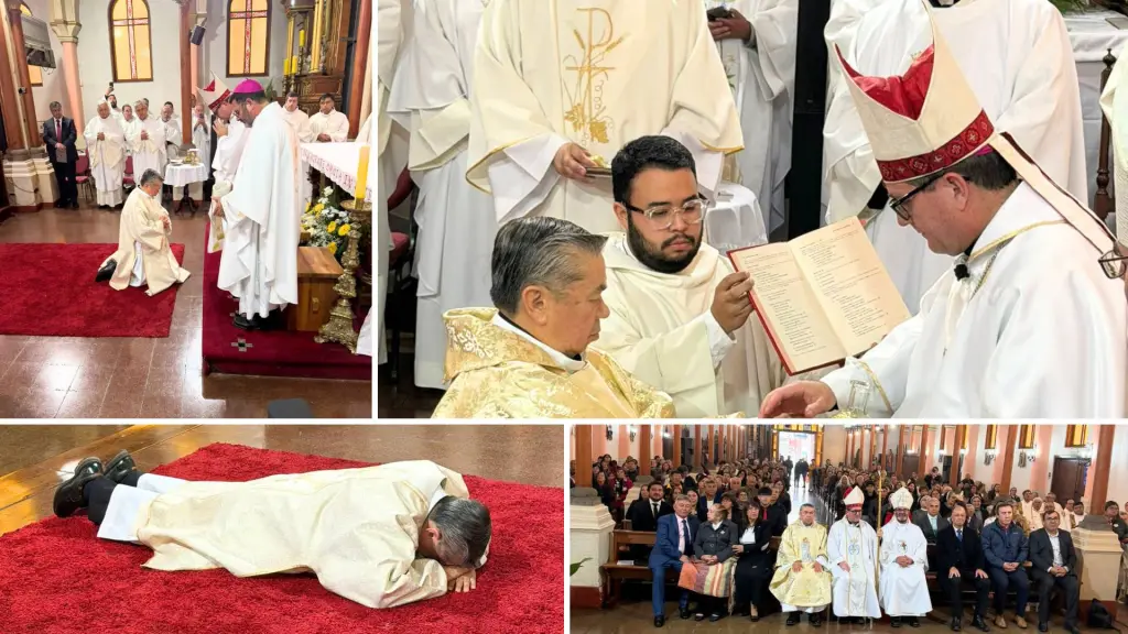 Ordenación de Juan Daza se realizó en la parroquia Perpetuo Socorro, en una ceremonia presidida por el obispo de Los Ángeles y con presencia de autoridades eclesiásticas y comunidades locales., Departamento de comunicaciones Diócesis Santa María de Los Ángeles