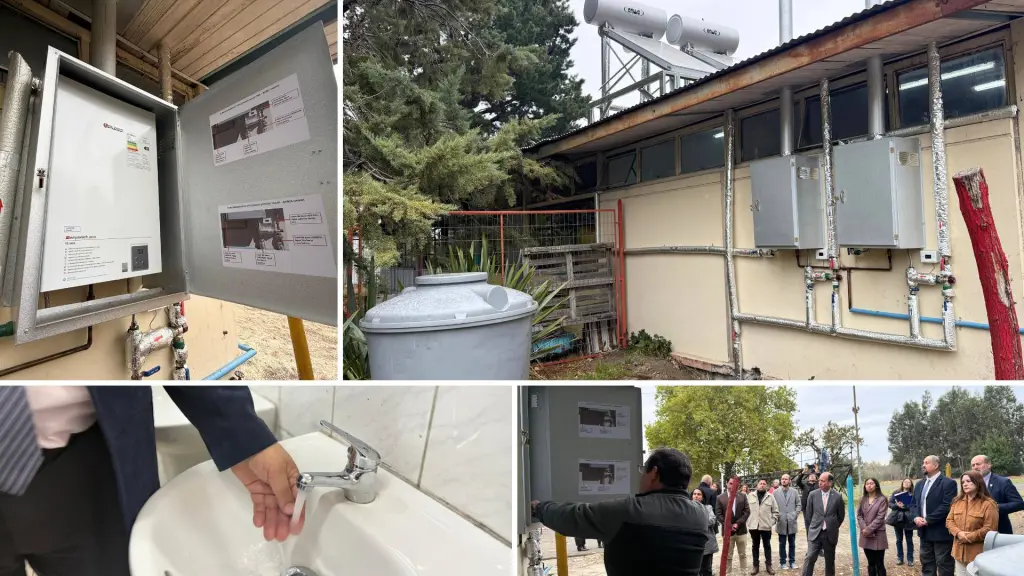 Sistema considera dos equipos termosifón de 150 litros cada uno, con respaldo mediante calefones y red de distribución interna certificada para abastecer al establecimiento., Cedidas