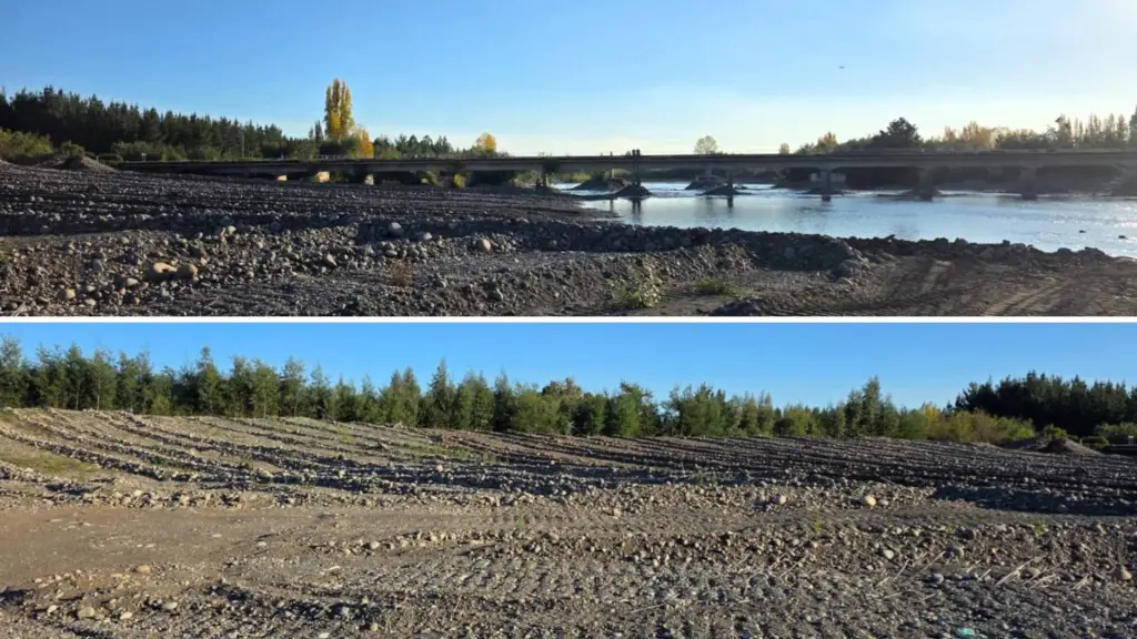 Trabajos de contención se ejecutan en el sector del Puente Calderones, en un tramo intervenido tras cambios en el cauce del río Duqueco., Municipalidad de Santa Bárbara
