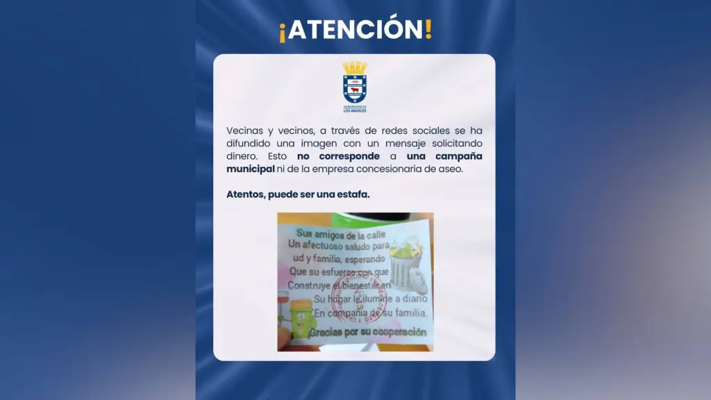 Imagen difundida en redes sociales muestra el mensaje que solicita dinero y que fue descartado por el municipio como parte de campañas oficiales., Municipalidad de Los Ángeles
