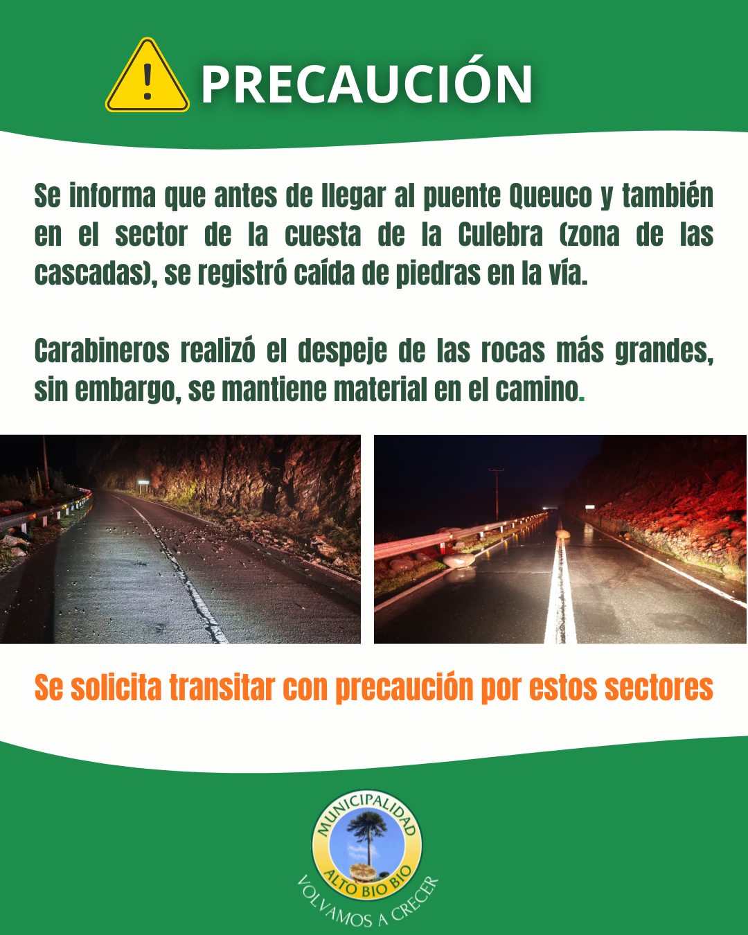 Caída de piedras en la vía. / Municipalidad Alto Biobío