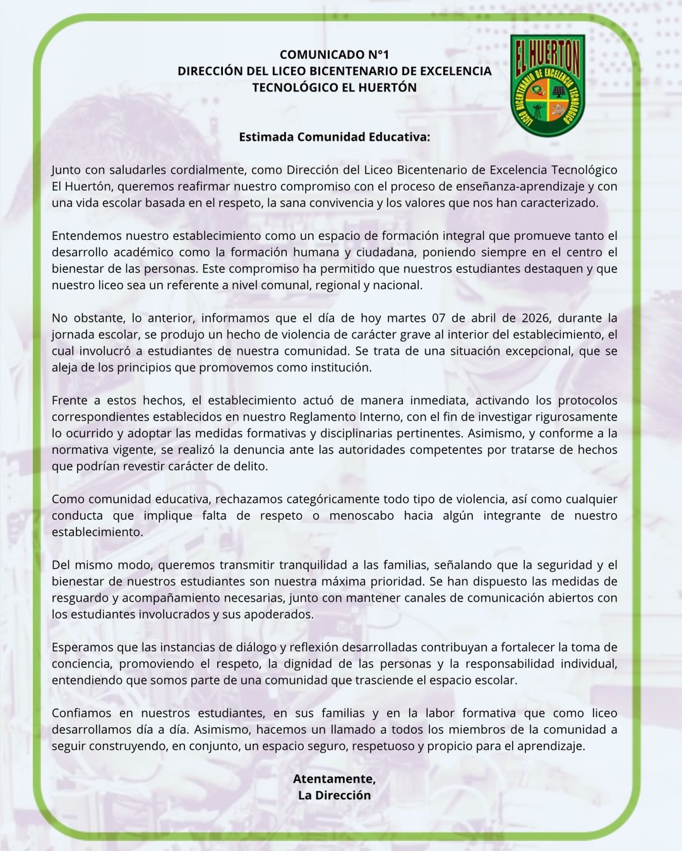 Comunicado Liceo El Huertón / Liceo el Huertón