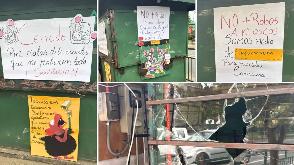 Quiosco de avenida Ricardo Vicuña presentó daños en su estructura y carteles instalados tras el hecho registrado este lunes en el centro de Los Ángeles., Cedidas