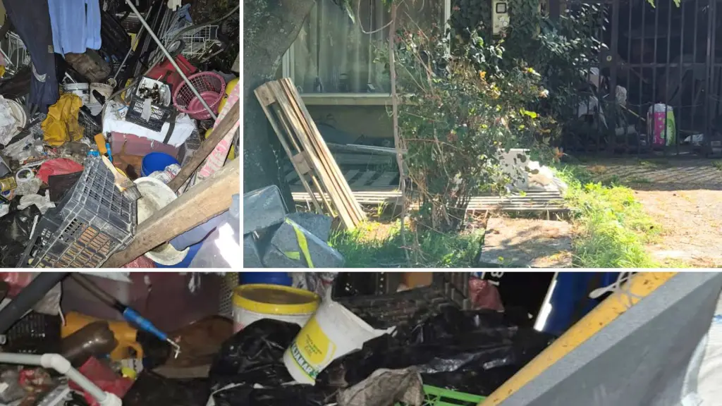 Elementos como neumáticos, bidones, carros y otros residuos se mantienen acumulados en una vivienda del sector Villa Grecia, según lo denunciado por vecinos., Cedidas