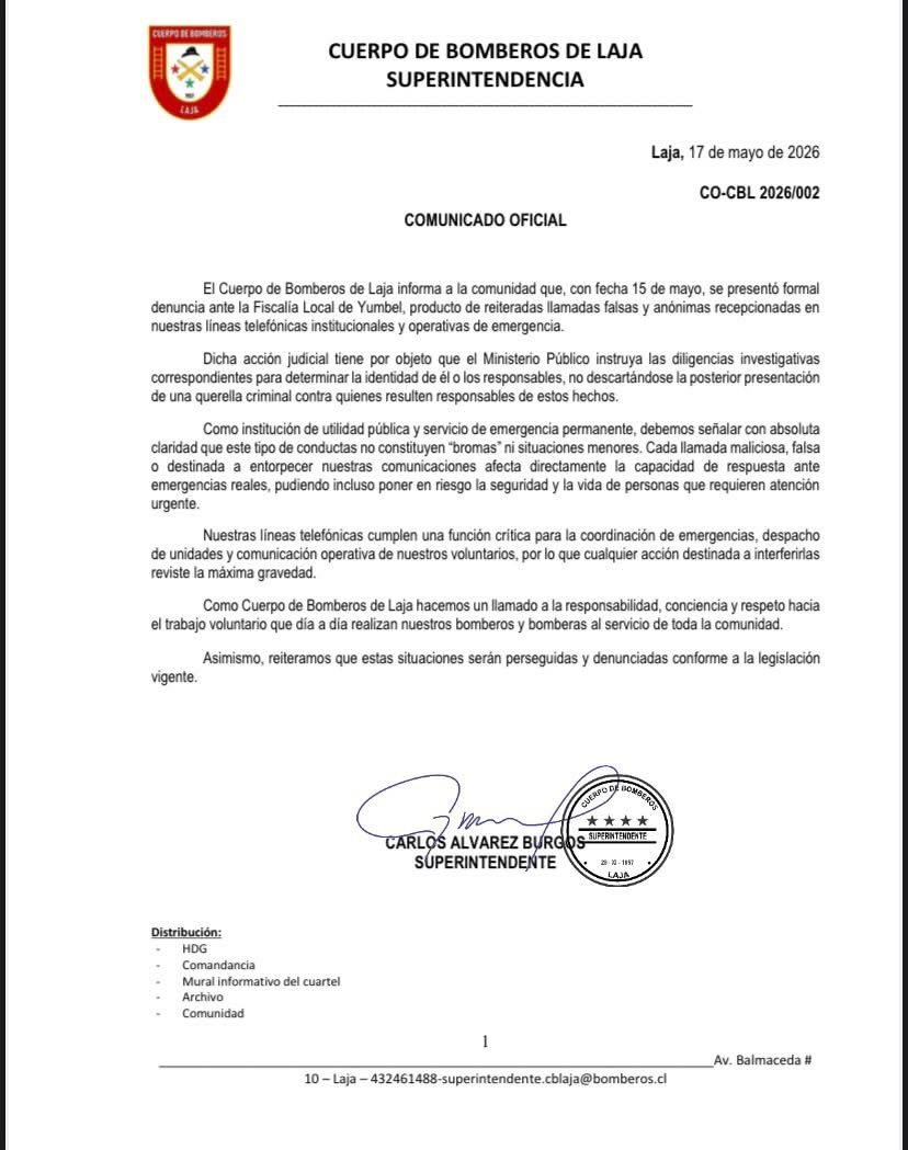 Comunicado Bomberos Laja por llamadas falsas / Cuerpo de Bomberos de Laja