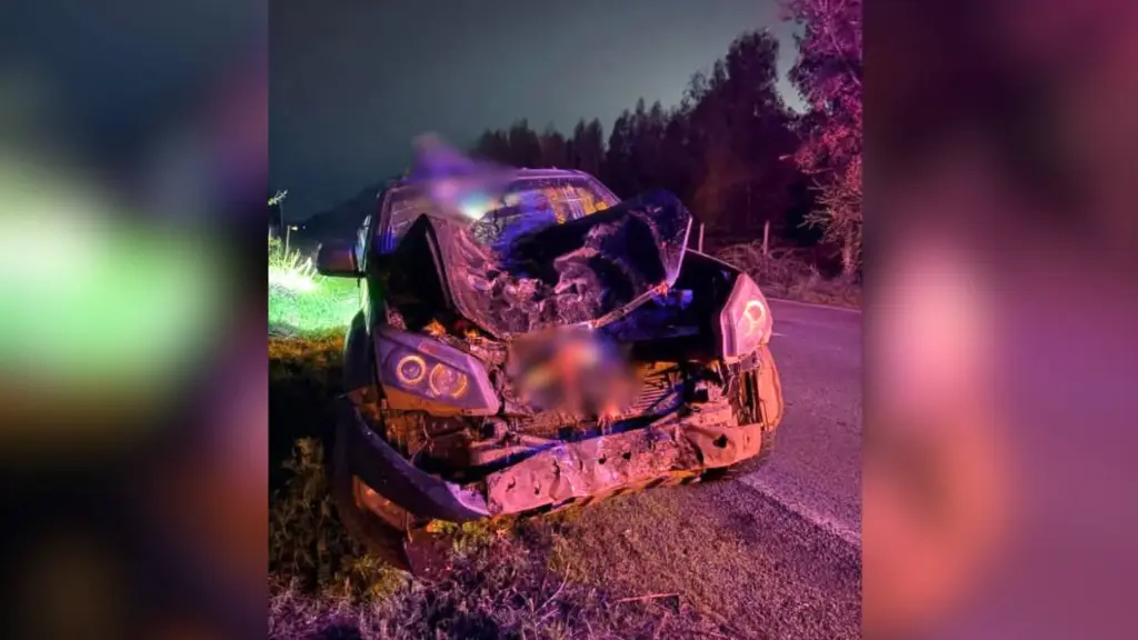 El vehículo presentó severos daños en su parte frontal tras la colisión registrada la noche del jueves en el sector Puente Perales de Laja., Redes sociales
