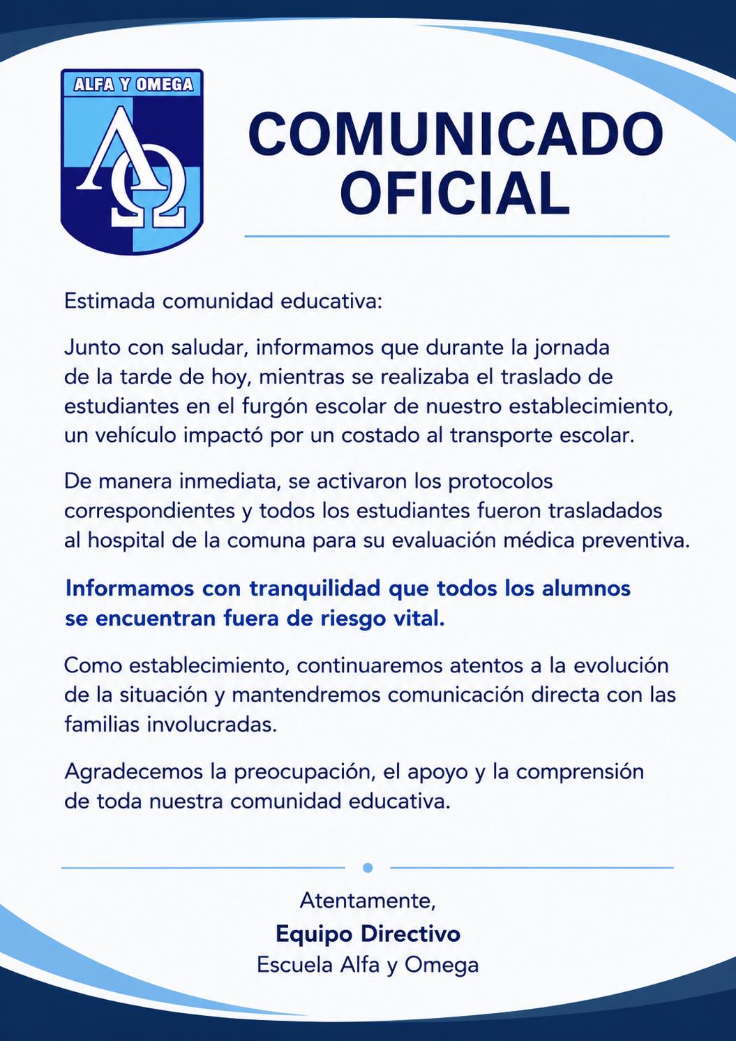 Reporte de accidente publicado el lunes por el establecimiento al cual pertenecen los menores de edad. / Colegio Alfa y Omega.