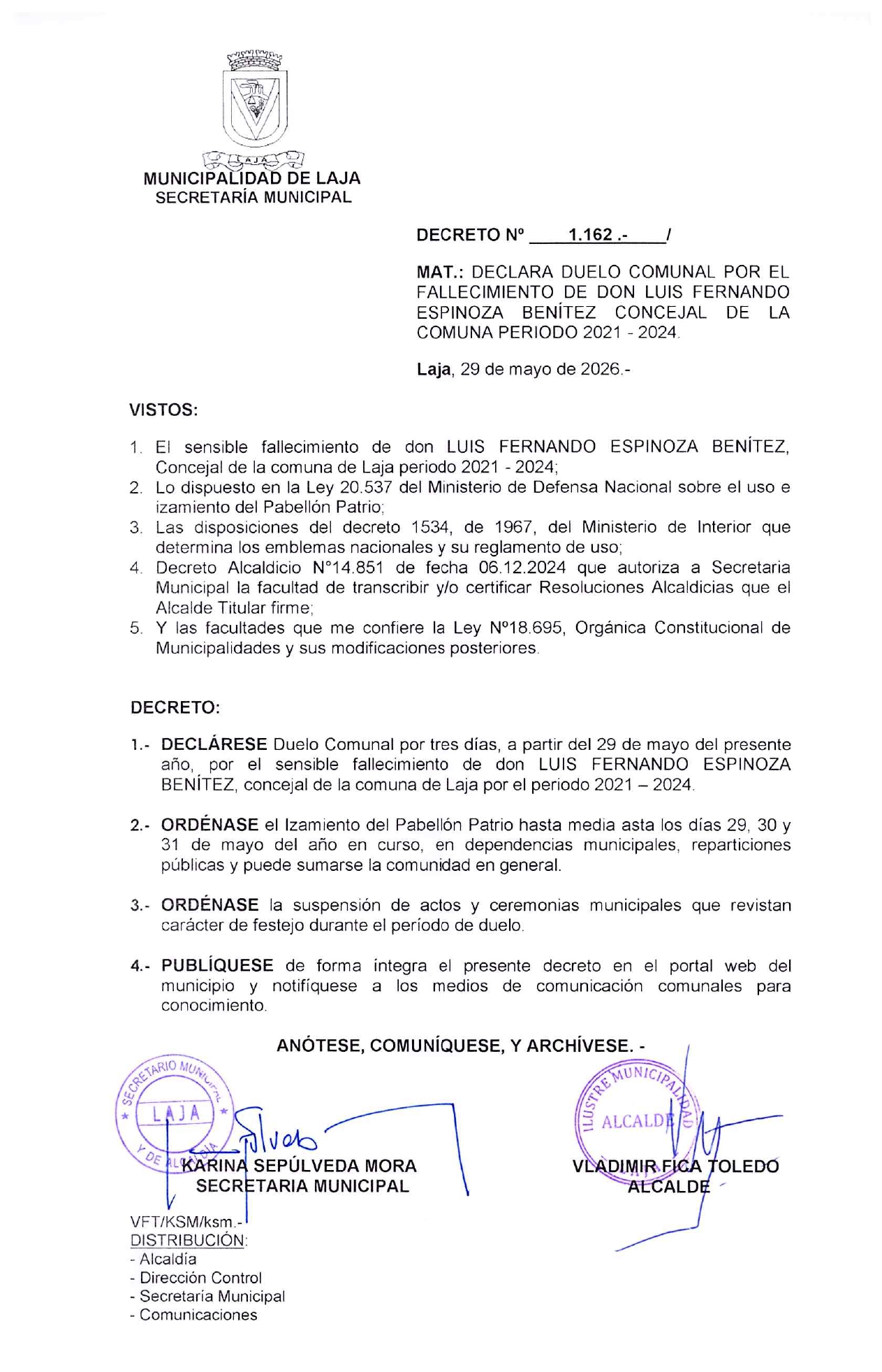 Decreto de Duelo Comunal por fallecimiento de ex concejal Luis Fernando Espinoza Benítez. / Municipalidad de Laja
