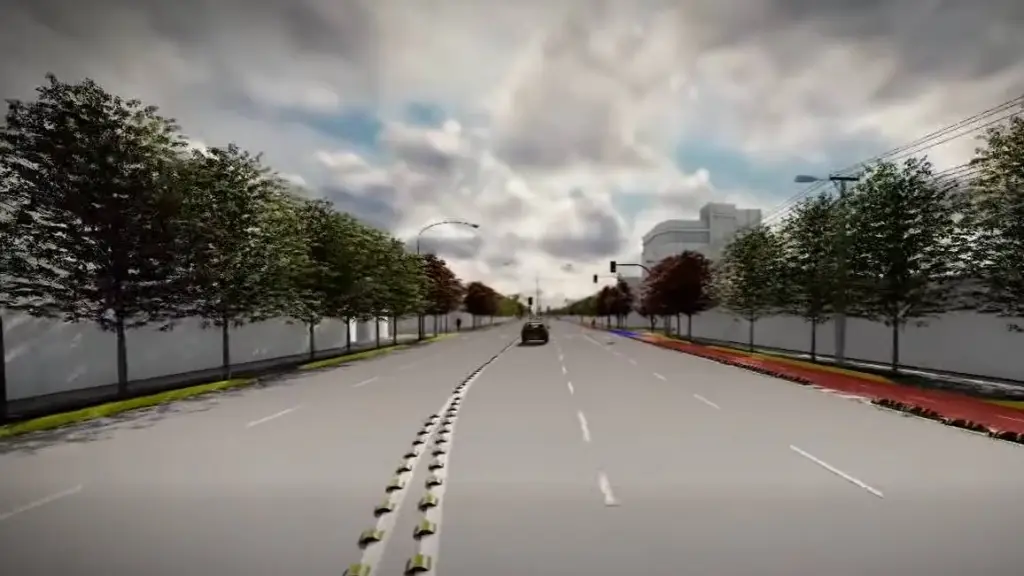 La remodelación de Ercilla contempla doble calzada con dos pistas por sentido, bandejón central variable, ciclovías, semaforización, iluminación LED y modernización integral del espacio público., Captura de pantalla del video público de presentación del proyecto.
