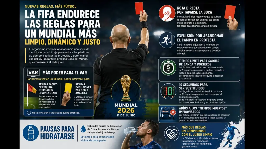 Los árbitros tendrán nuevas herramientas y mayores atribuciones durante el próximo Mundial, en una apuesta de la FIFA por combatir las pérdidas de tiempo, fortalecer el juego limpio y garantizar decisiones más justas dentro del campo de juego, La Tribuna