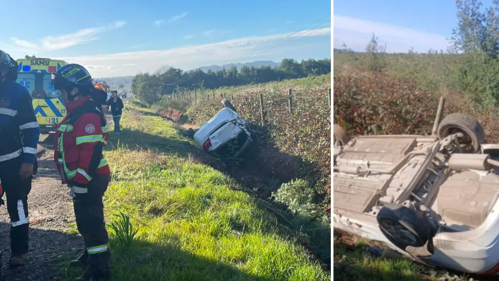 El vehículo terminó volcado fuera de la calzada en el kilómetro 527,5 de la Ruta 5 Sur, en el sector Mirador Biobío., Cedida