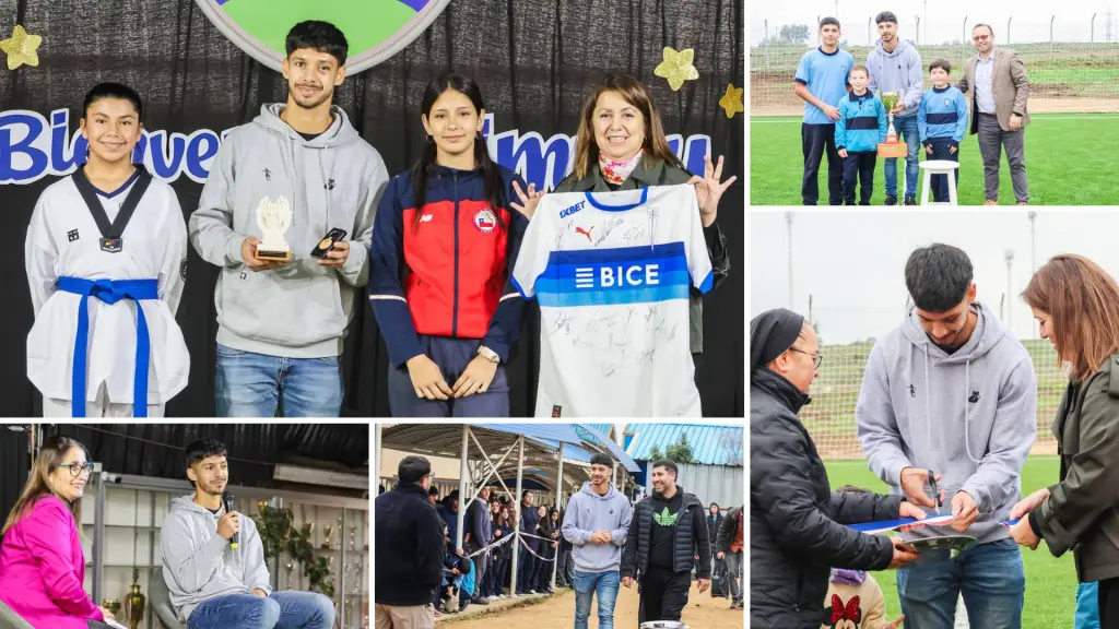 El futbolista lajino Jimmy Martínez participó en la apertura del nuevo recinto deportivo y compartió una jornada de conversación con estudiantes del establecimiento., Santa Cruz Laja