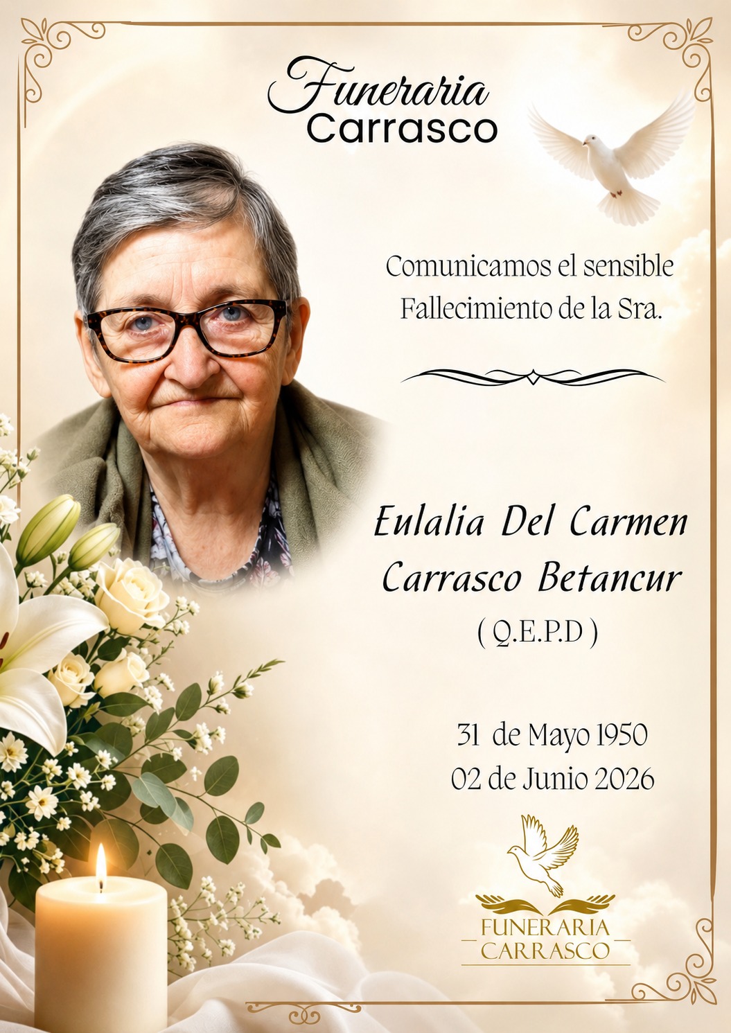 Fallecimiento de Eulalia del Carmen Carrasco / Funeraria Carrasco