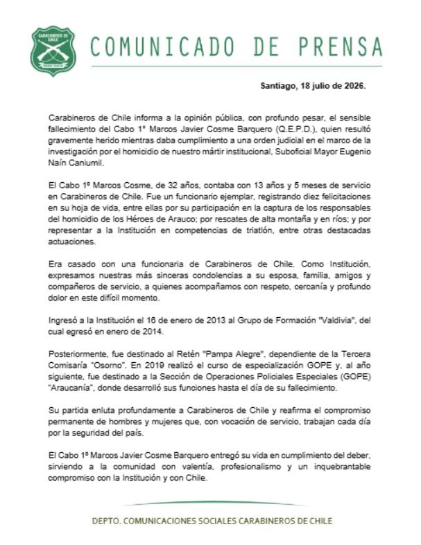Comunicado / Carabineros de Chile