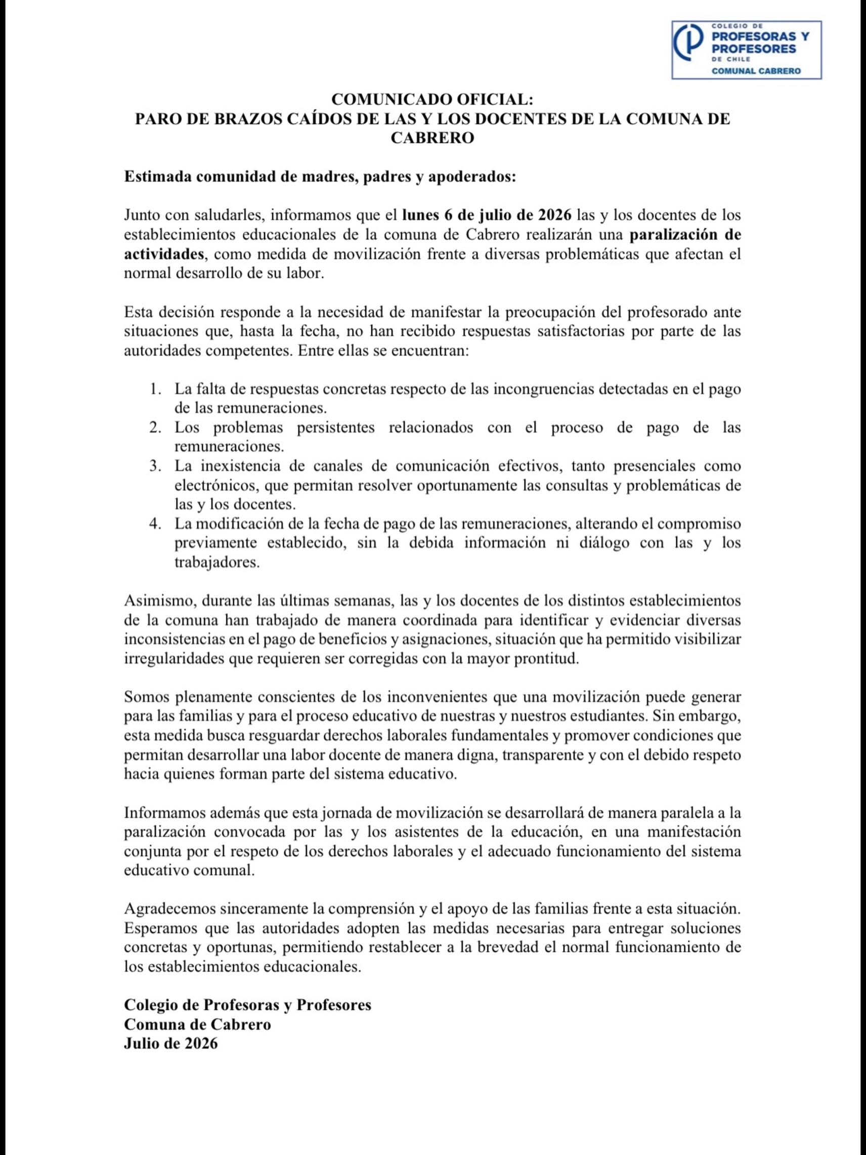 Comunicado / CPC Cabrero