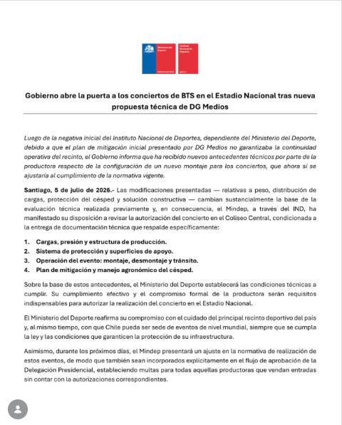 Comunicado Mindep BTS / Ministerio del Deporte
