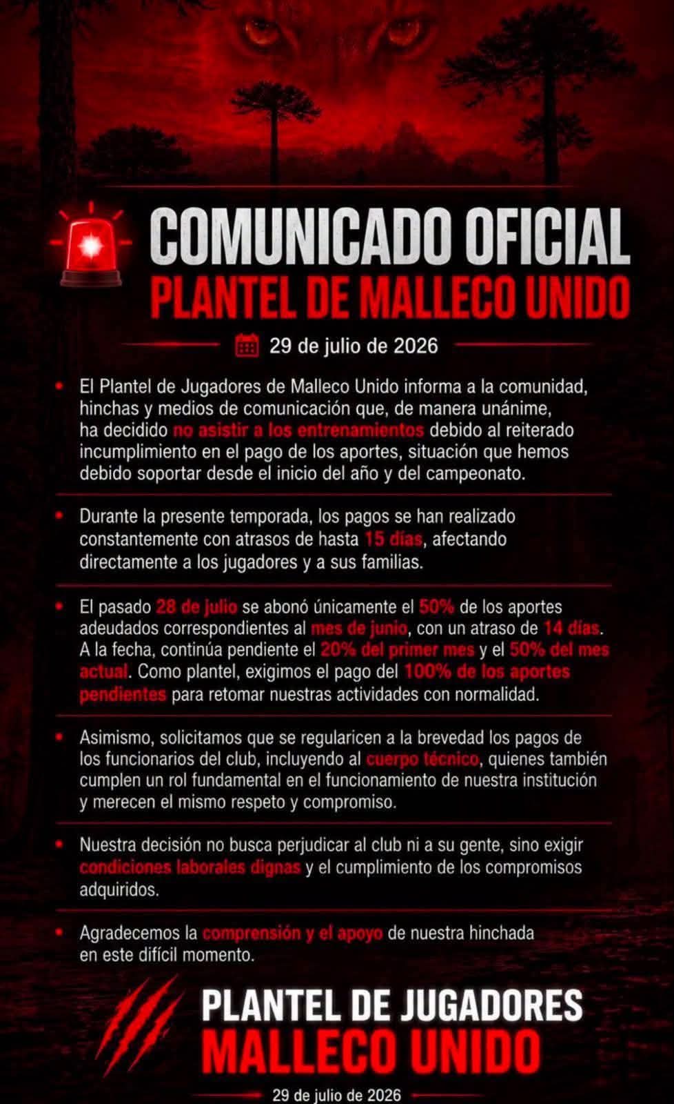 El plantel de Malleco Unido hizo sentir su malestar / La Tribuna