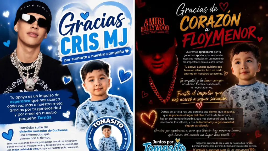 Las publicaciones reconocen la solidaridad de Cris MJ y FloyyMenor con la cruzada que busca financiar el tratamiento del niño en Estados Unidos., @tomasito_vs_duchenne