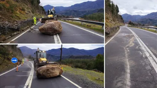 Retiran roca de gran tamaño que había caído en sector del puente Queuco en Alto Biobío