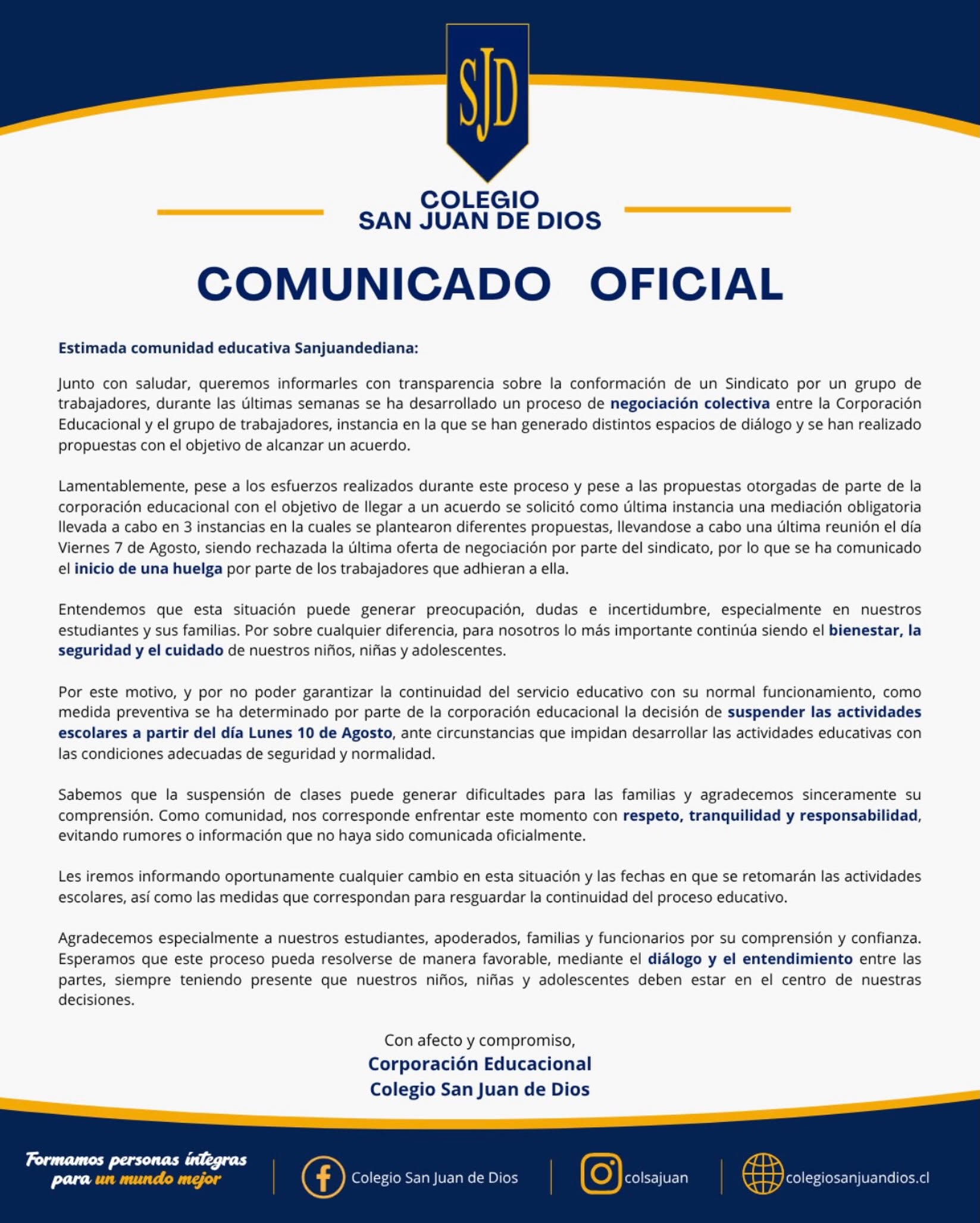Comunicado oficial / Facebook