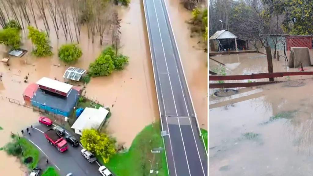 Fotografía aérea tomada por un vecino el 2 de agosto muestra el terreno de Ricardo Caballero rodeado por el agua en el sector Las Obras; a la derecha el campo inundado., Cedidas