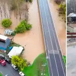 Fotografía aérea tomada por un vecino el 2 de agosto muestra el terreno de Ricardo Caballero rodeado por el agua en el sector Las Obras; a la derecha el campo inundado., Cedidas