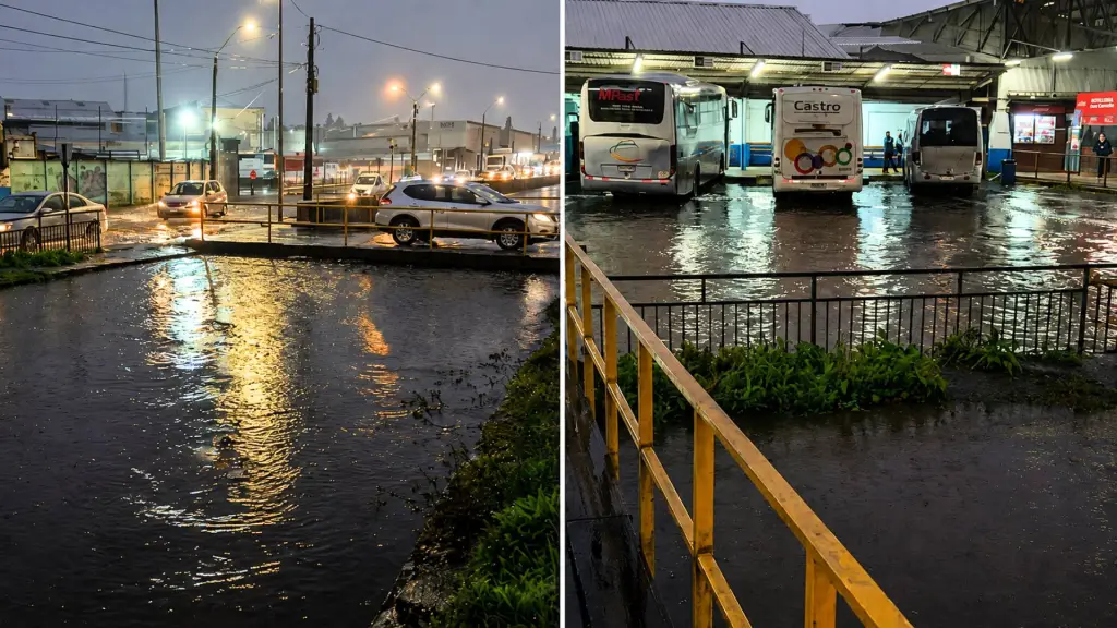 Imágenes donde se observa el agua en las inmediaciones del Terminal Municipal de Buses tras el desborde del estero Quilque. , Cámara de Comercio, Servicios y Turismo de Los Ángeles