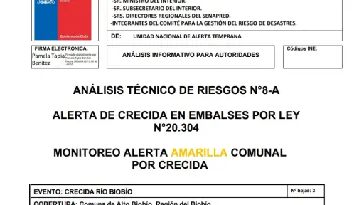 Alerta Amarilla en Alto Biobío: Proyectan apertura de compuertas en Embalse Ralco