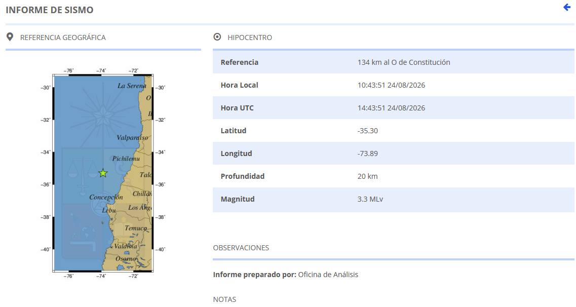 El informe establece que el epicentro se localizó a 134 kilómetros al oeste de Constitución, en una zona frente al litoral maulino. / CSN