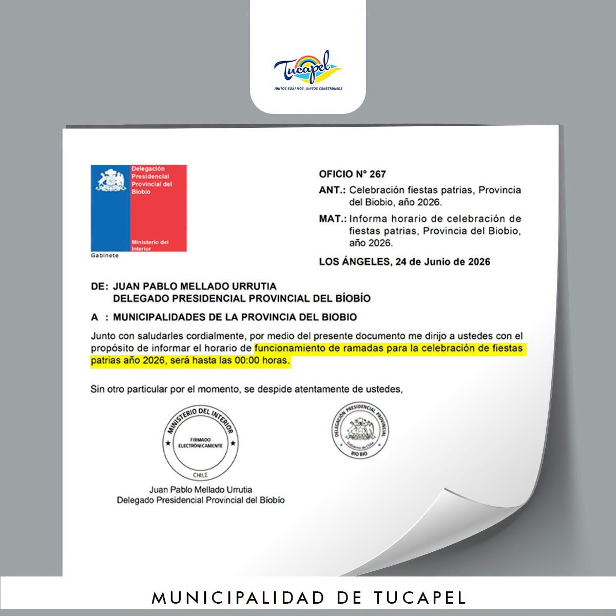 Oficio Delegación Presidencial Provincial / Municipalidad de Tucapel