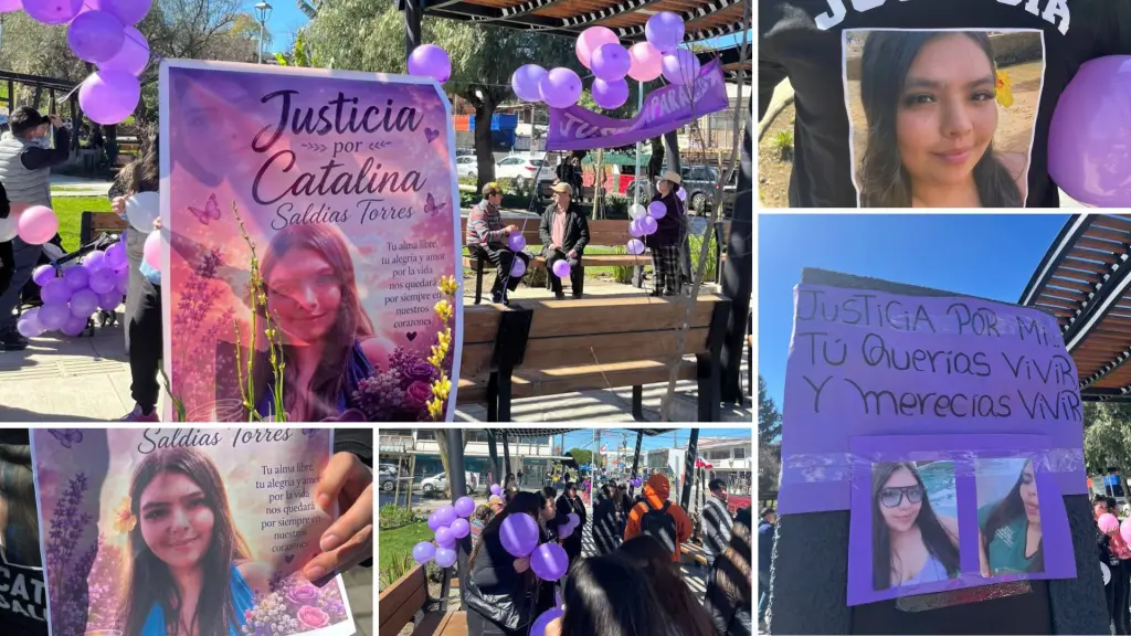 Los asistentes portaron globos morados, fotografías y mensajes en memoria de Catalina Saldías Torres durante la velatón realizada en la plaza de Armas de Laja, Cedidas