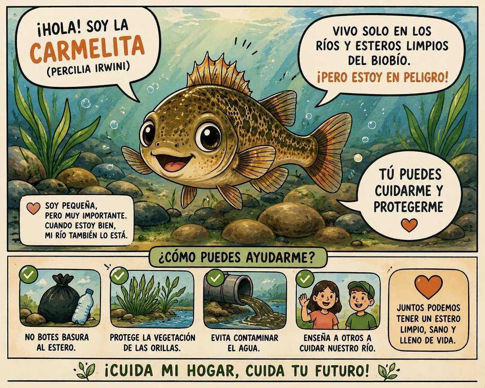 El cómic presenta a la Carmelita mediante una caricatura con rasgos de animé y aborda las amenazas asociadas a la presencia de especies exóticas. / Cedida