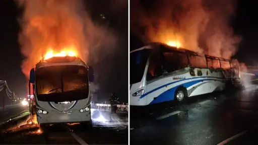 Bus quedó calcinado tras incendio en la Ruta 5 Sur de Cabrero: Pasajeros alcanzaron a salir
