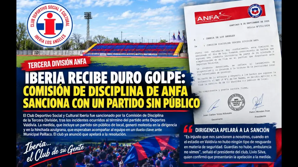 La dirigencia de Iberia, encabezada por su presidente Livio Silva, apelará a la sanción de un partido sin público aplicada por la Comisión de Disciplina, medida impedirá que la hinchada azulgrana acompañe al equipo en un crucial duelo como local ante Municipal Paillaco, La Tribuna