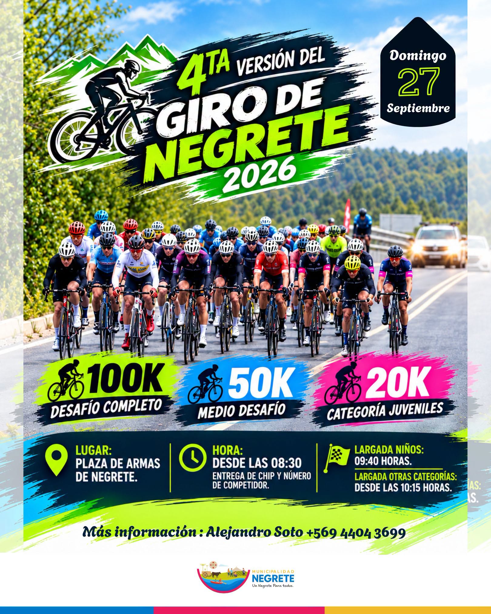 La cuarta versión del Giro de Negrete se realizará este domingo 27 de septiembre con categorías 100K, 50K y 20K.  / Municipalidad de Negrete