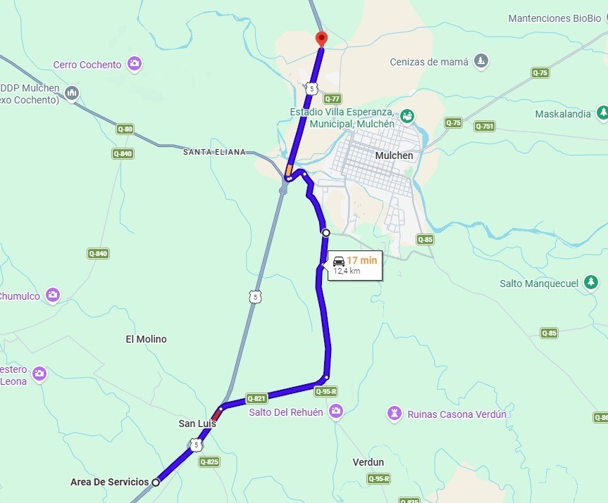 El mapa muestra un trayecto de 12,4 kilómetros, con un tiempo estimado de viaje de 17 minutos, por caminos del sector de Mulchén y sus alrededores. / Concesionaria Ruta Sur Chile