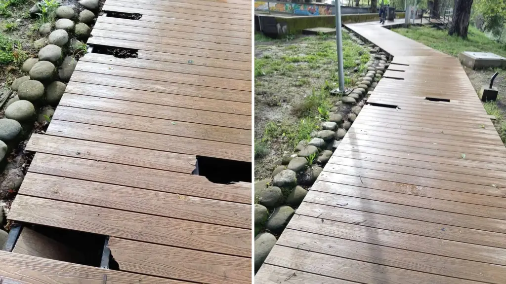Una pasarela del recinto presenta tablas quebradas y aberturas en distintos puntos de su superficie., Municipalidad de Santa Bárbara