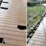 Una pasarela del recinto presenta tablas quebradas y aberturas en distintos puntos de su superficie., Municipalidad de Santa Bárbara