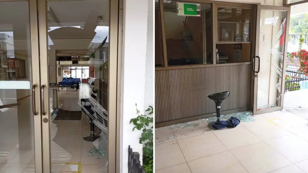 El municipio informó que evaluará y reparará los daños ocasionados en la mampara del acceso principal durante el procedimiento policial., Municipalidad de Laja