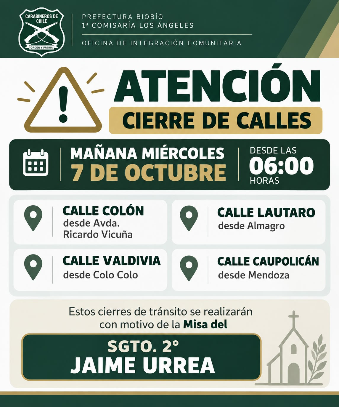 Cortes de tránsito por funeral de Jaime Ariel Urrea Burgos / Carabineros de Chile