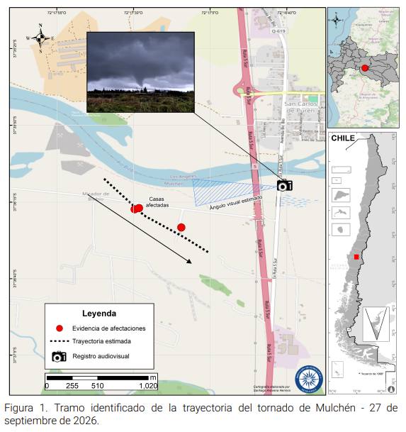 Tramo identificado de la trayectoria del tornado de Mulchén - 27 de septiembre de 2026 / Dirección Meteorológica de Chile
