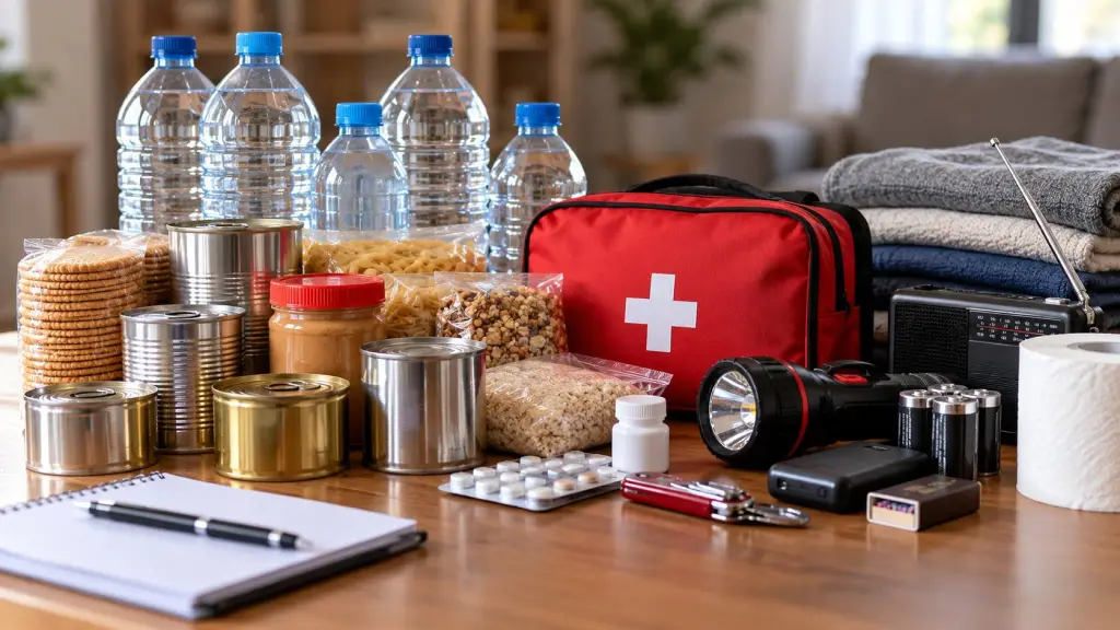 Los kits de emergencia incluyen agua potable, alimentos no perecederos, medicamentos y elementos de comunicación para afrontar posibles interrupciones de los servicios básicos., Imagen de contexto generada con IA